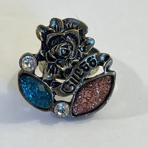 Vintage GUESS Brass Lucite and Crystal Rose Motif Ring -Sizable 5.75